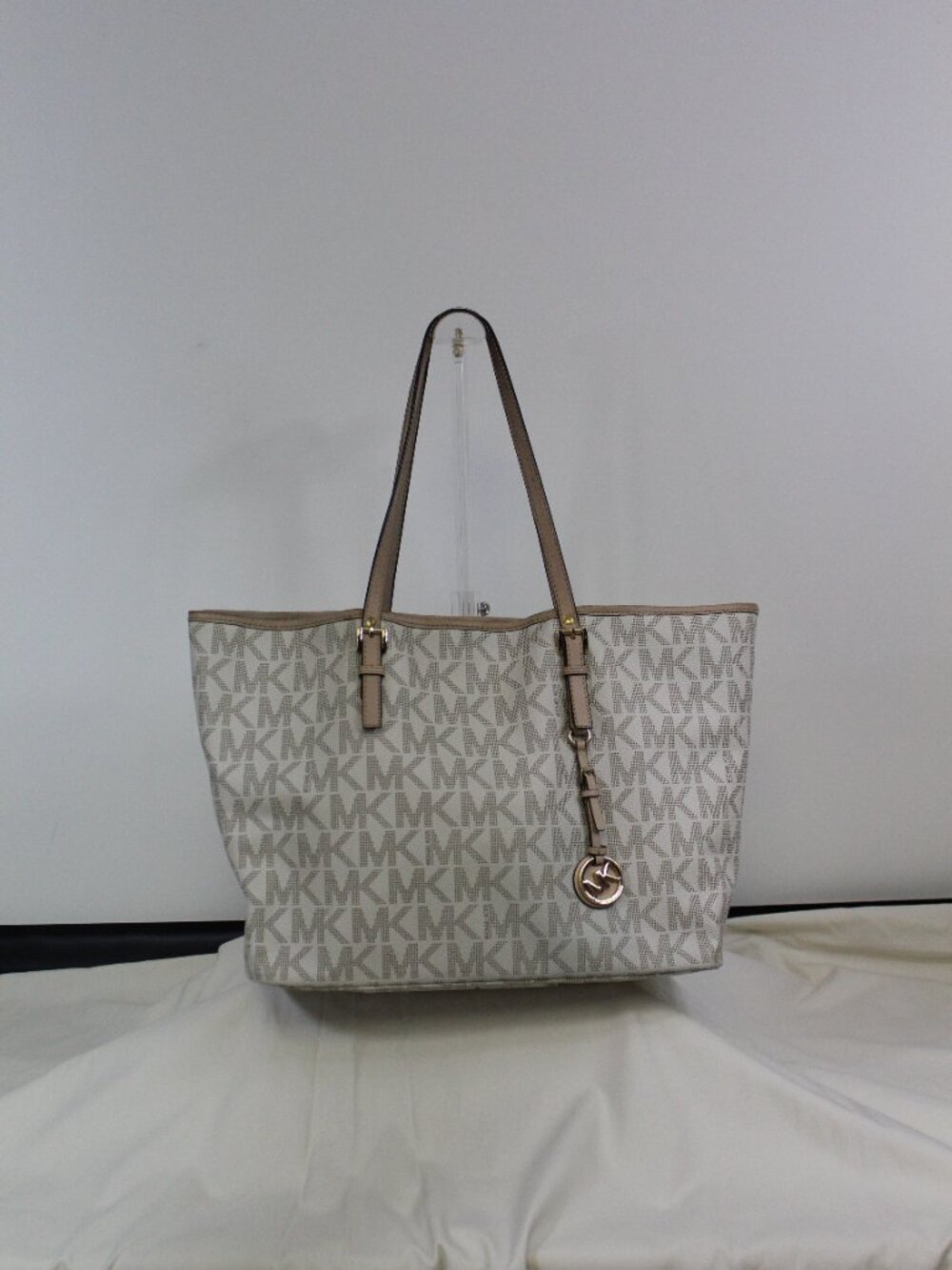 Michael Kors Large Logo Tote Cream Tan MK Shoulder Bag PVC Leather - Picture 3 of 13
